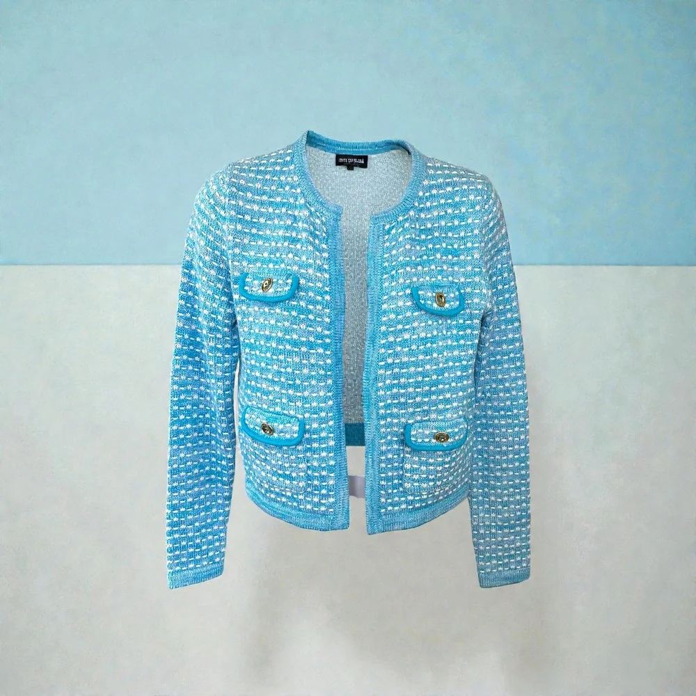 Lilly Pulitzer NWOT Kienna Woven Knit Cardigan Cumulus Blue Metallic XSmall - Picture 2 of 16